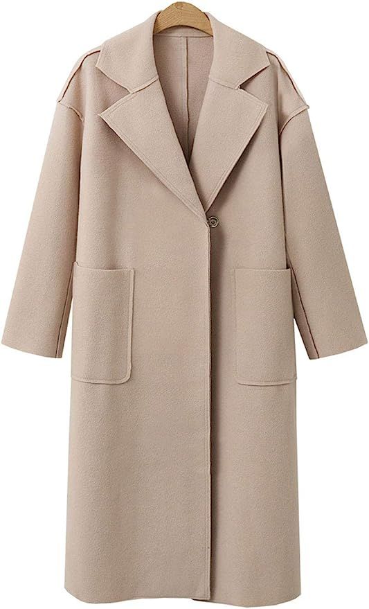 GGUHHU Womens Premium Notched Collar One Button Straight Fit Long Woolen Coat with Belt | Amazon (US)