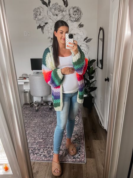Crocheted cardigan, maternity tank and maternity jeans in a size Medium and fit perfect! 

#LTKbump #LTKstyletip #LTKsalealert