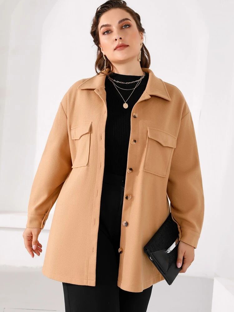 New
     
      Plus Drop Shoulder Flap Pocket Overcoat | SHEIN