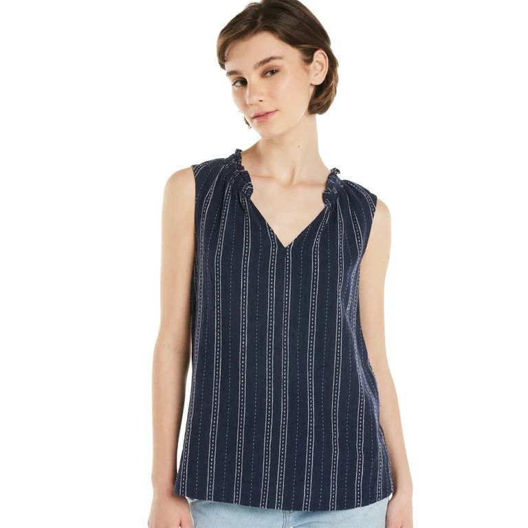 Time and Tru Ruffle Neck Linen Blend Top, Sizes XS-XXXL | Walmart (US)