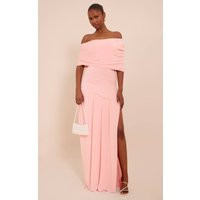 Blush Double Layer Slinky Bardot One Shoulder Ruched Maxi Dress | PrettyLittleThing UK