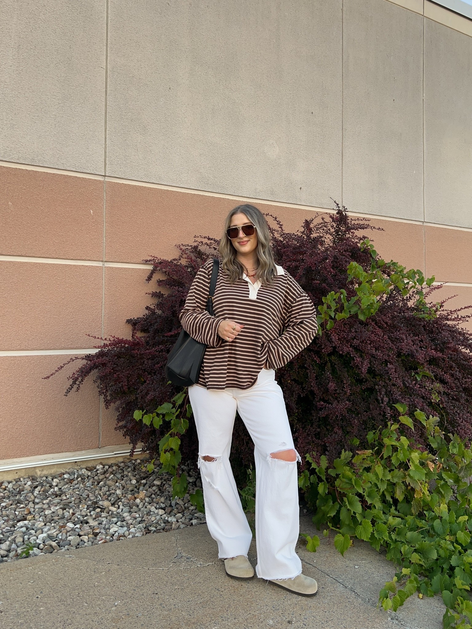 Casual fall outfit! Wearing L in the striped polo long sleeve top and 30 in the white jeans. I’m a 9.5-10 and wear a 40 in the Birkenstocks