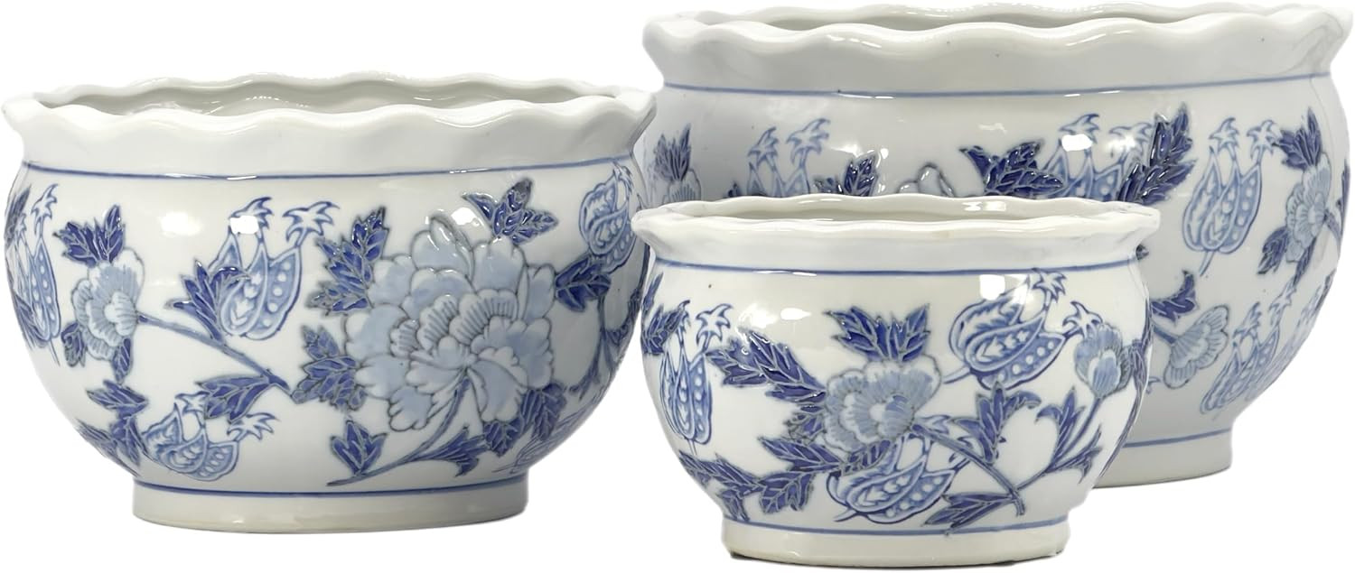 Galt International Blue & White Round Floral Porcelain Ceramic Plant Flower Planter Pot Set of 3 (8", 10", 12") Garden Pots Chinese Asian Design | Amazon (US)
