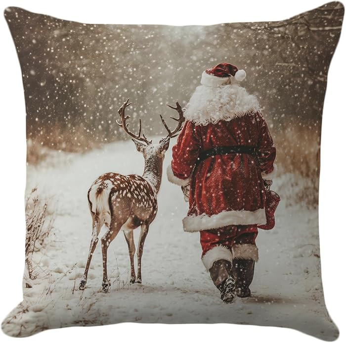 Christmas Santa and Reindeer Pillow Cover 18x18 – Vintage Winter Forest Throw Pillow – Cozy H... | Amazon (US)