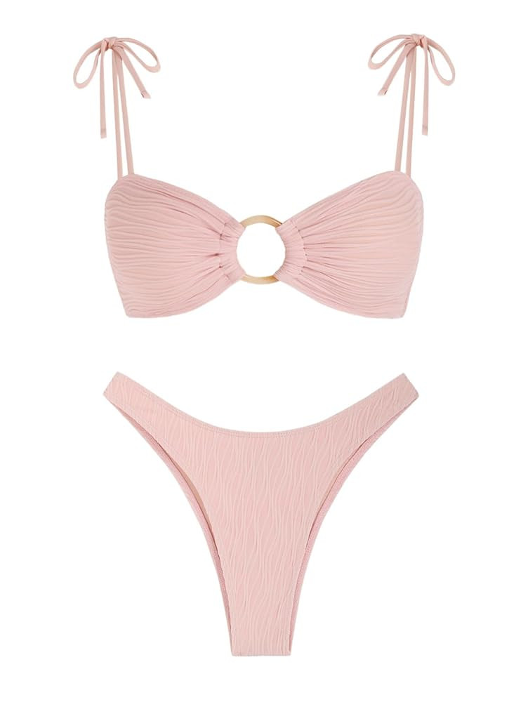 ZAFUL Women's Sexy Tie Spaghetti Strap Bikini Textured O Ring Ruched High Leg Swimsuit Cheeky Bat... | Amazon (US)