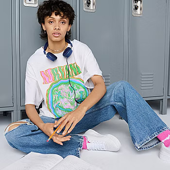 New World Juniors Nirvana Smiley Oversized Womens Crew Neck Short Sleeve Graphic T-Shirt | JCPenney