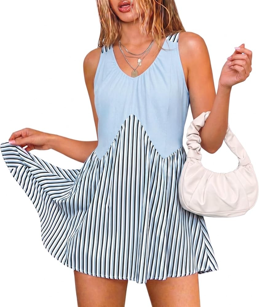 Angashion Summer Dress for Women Sleeveless V Neck Mini Dresses Flowy Casual Loose Sundress with ... | Amazon (US)