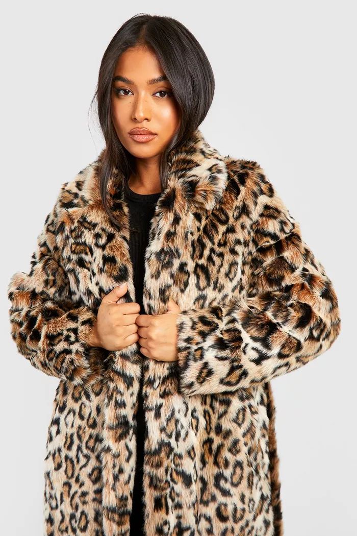 Petite Belted Leopard Faux Fur Maxi Coat | Boohoo.com (UK & IE)