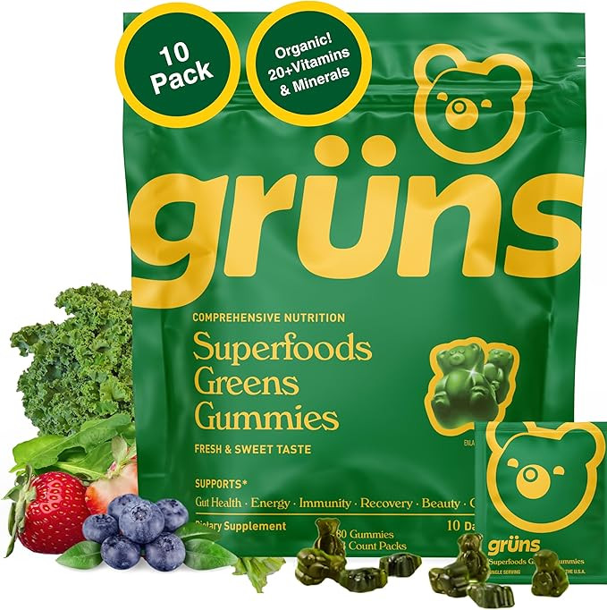 Gruns Adults Super Greens Gummies, Multivitamin Superfood Gummy Bears, Spirulina, Chlorella, Preb... | Amazon (US)