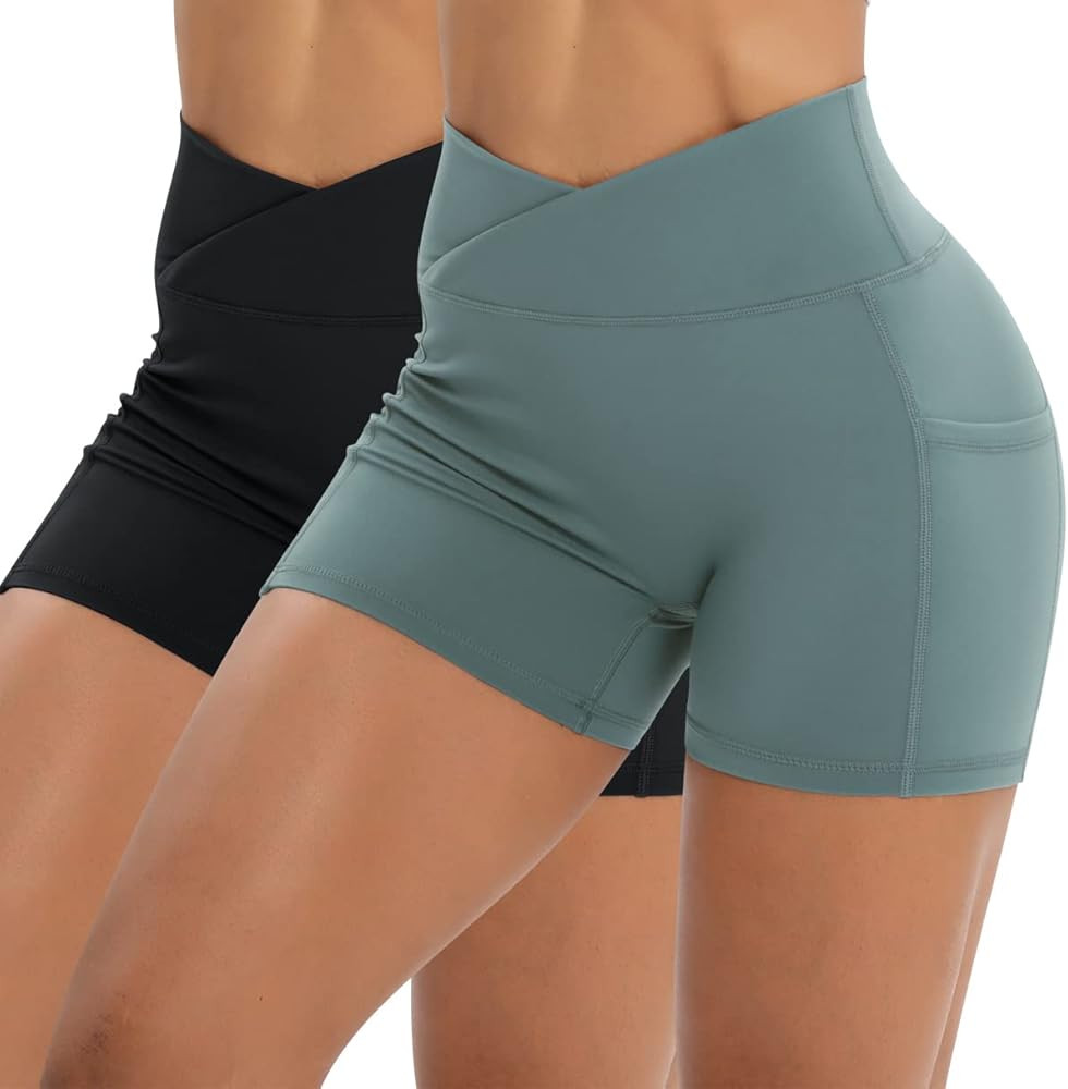 Workout Shorts for Women 2 Pcs Pack Cross Waist Active Gym Spandex Stretchy Yoga Compression with... | Amazon (US)