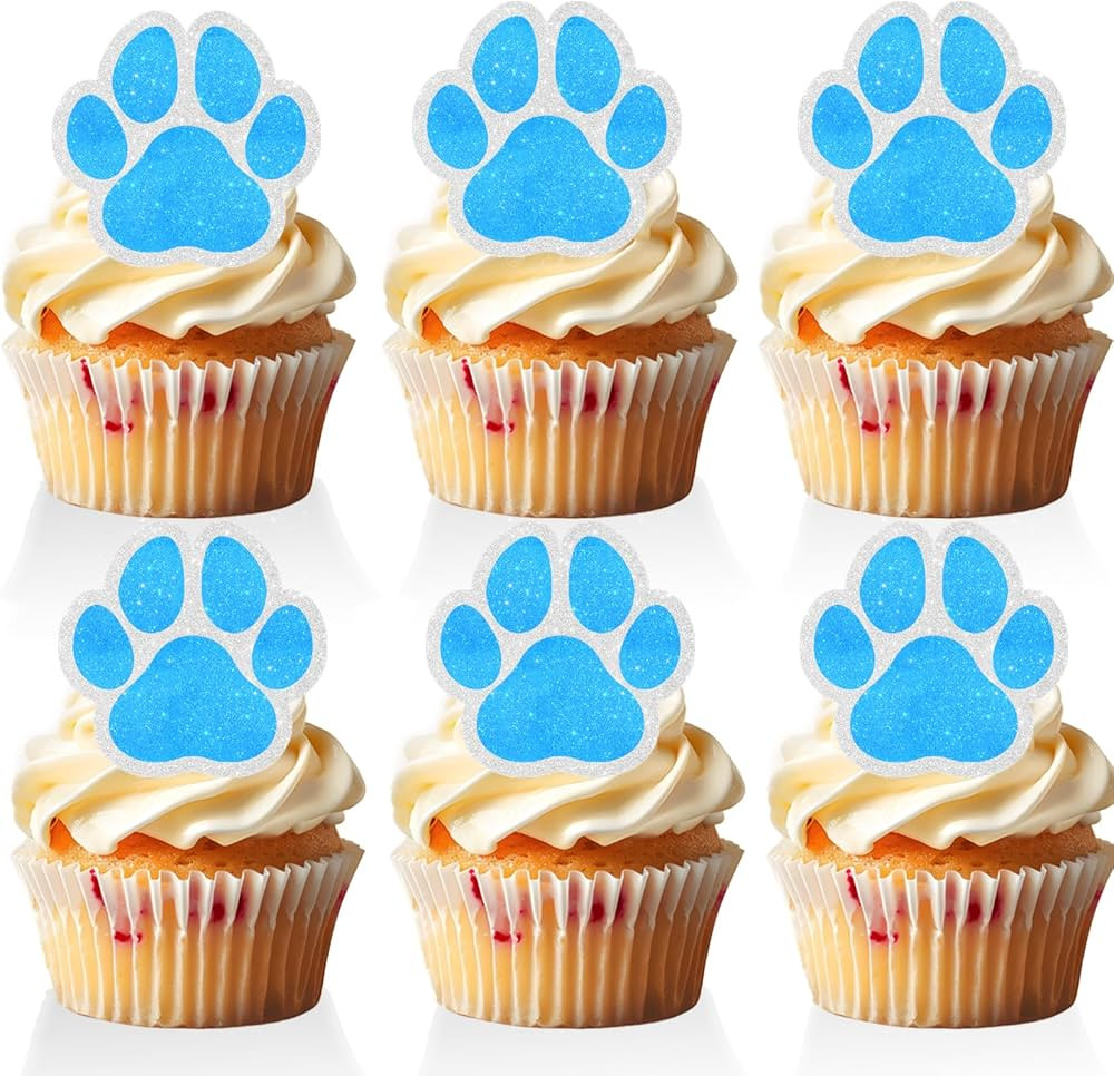 18 PCS Paw Print Cupcake Toppers for Boys Baby Shower Blue Glitter Bone Puppy Cake Toppers Dog Bi... | Amazon (US)