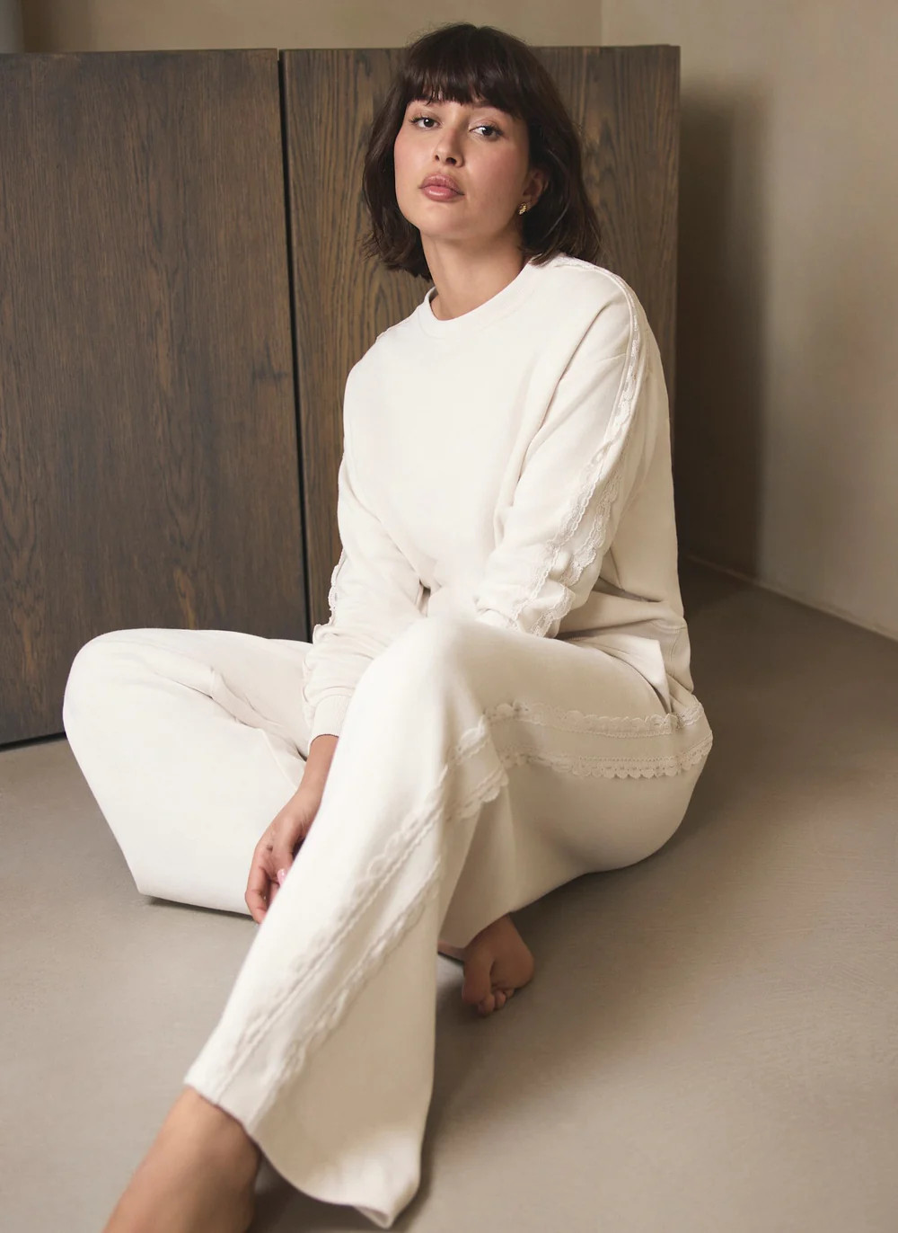 Cream Cotton Blend Lace Trim Sweatshirt | Mint Velvet