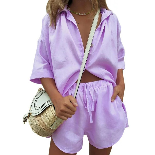 Women 2Pcs Casual Tracksuit Outfit Sets Cotton Linen Long Sleeve Button Down ShirtHigh Waisted Sh... | Walmart (US)