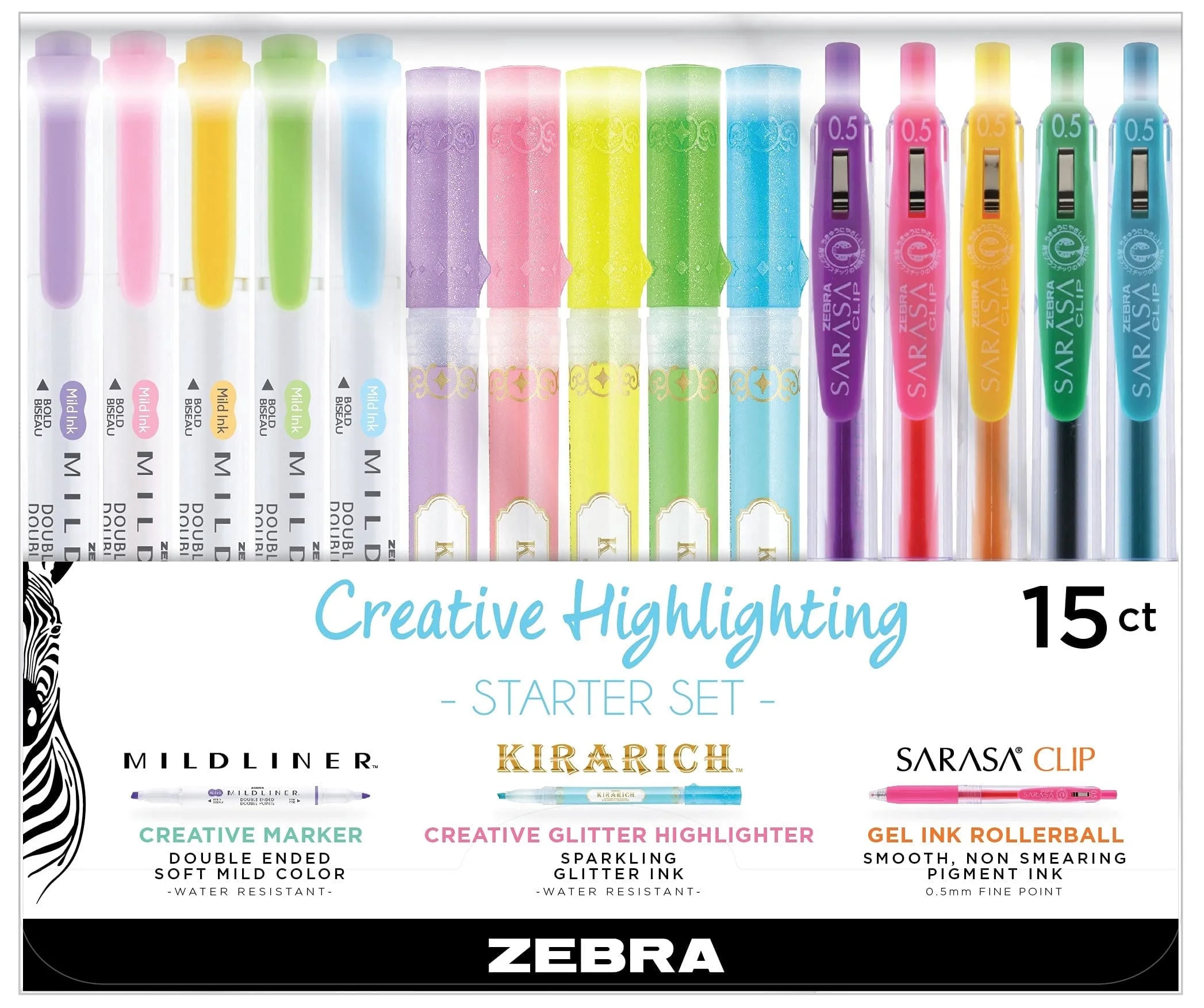 Zebra Pen Creative Starter Set 15 Pack Highlighters Markers and Gel Pens Assorted Colors 76015 | Walmart (US)