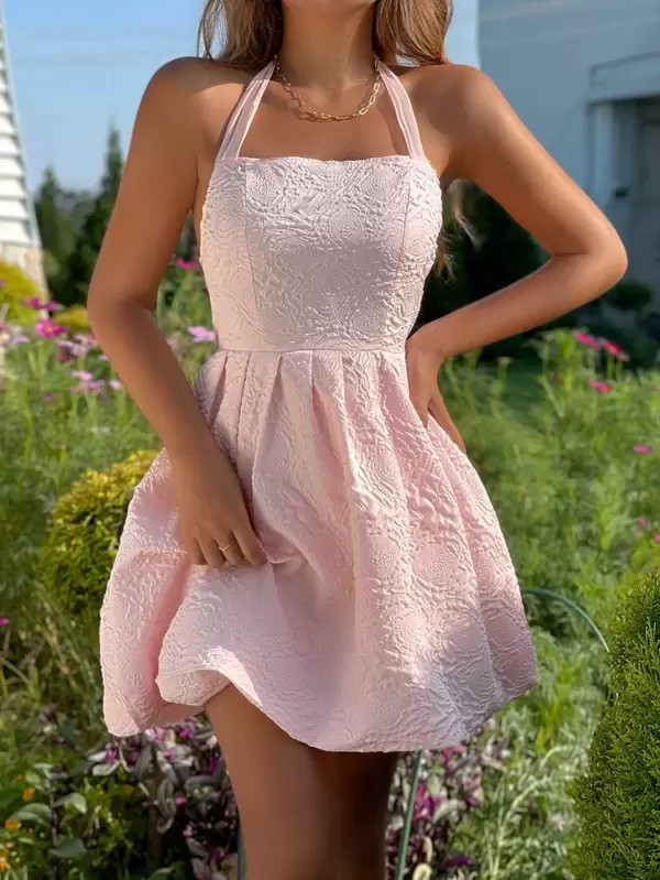 SHEIN VCAY Textured Tie Backless Halter Dress | SHEIN