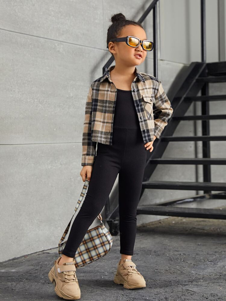 SHEIN Toddler Girls Plaid Print Drop Shoulder Jacket & Jumpsuit Set | SHEIN