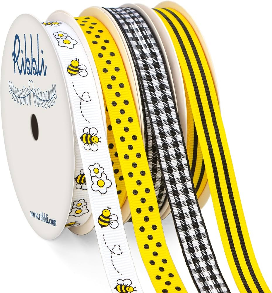 Ribbli Bumble Bee Ribbon,Bee/Polka Dots/Black Gingham/Yellow Black Stripe Ribbon Use for Hair Bow... | Amazon (US)