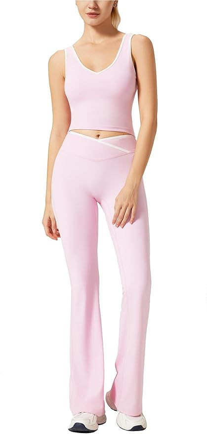 RXRXCOCO Women's Workout Sets 2 Piece Flare Leggings Butt Lifting Crop Tank Top Matching Set Colo... | Amazon (US)