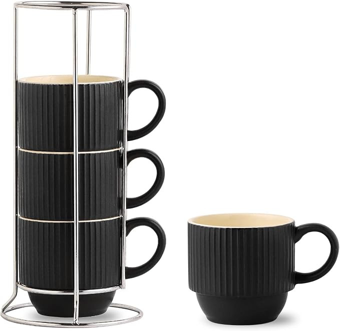 Hasense Black Coffee Mug Porcelain Set of 4 with Rack - 12 oz Stackable Coffee Cups Ceramic, Mode... | Amazon (US)