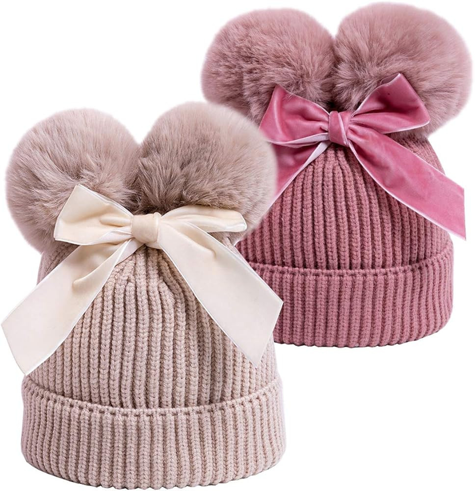 YATEEN Infant Toddler Baby Knitting Woolen Hat Winter Warm Double Pompom Beanie Cap with Bow | Amazon (US)