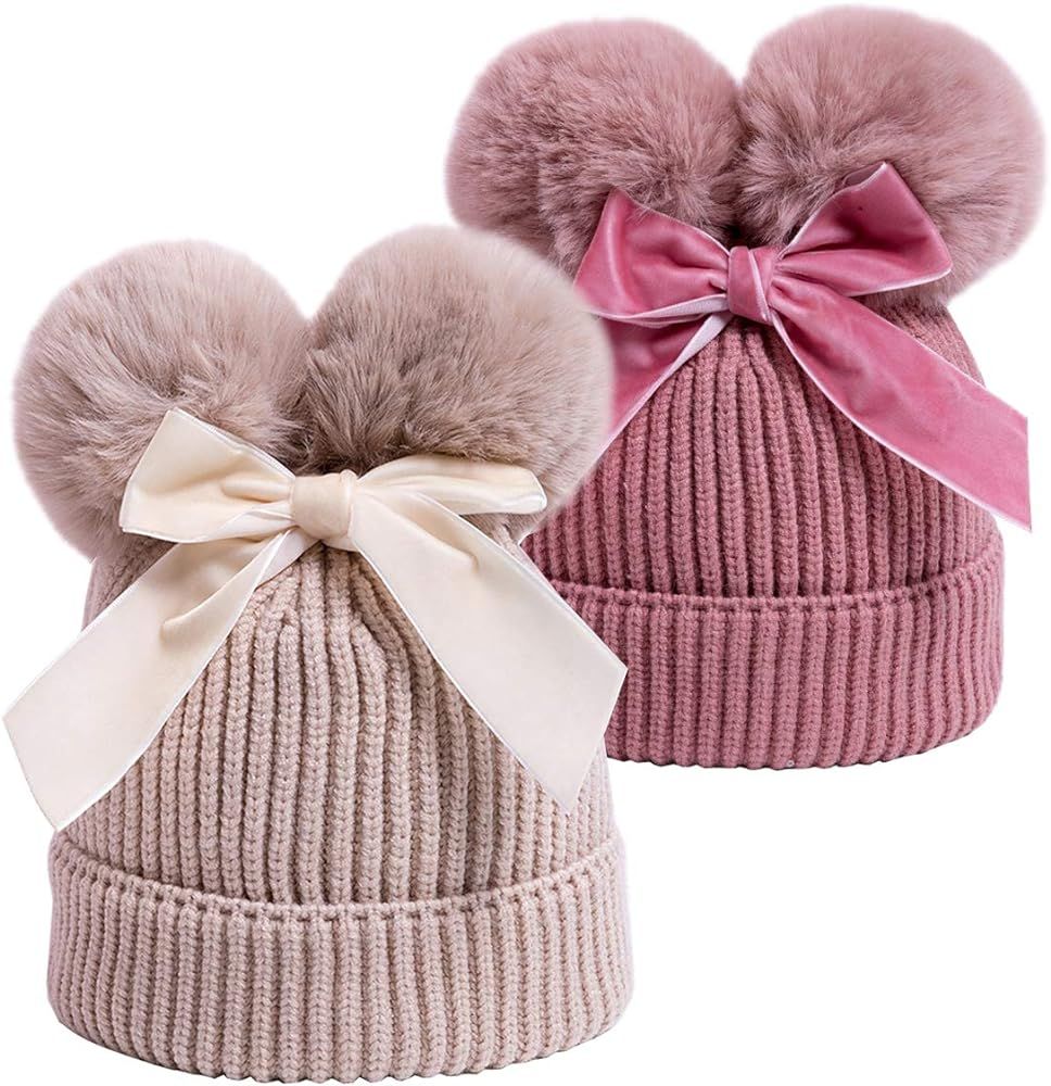 YATEEN Infant Toddler Baby Knitting Woolen Hat Winter Warm Double Pompom Beanie Cap with Bow | Amazon (US)