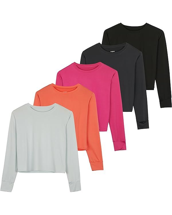 Real Essentials 5 Pack: Women's Dry Fit Crop Top - Long Sleeve Crew Neck Stretch Athletic Tee (Av... | Amazon (US)