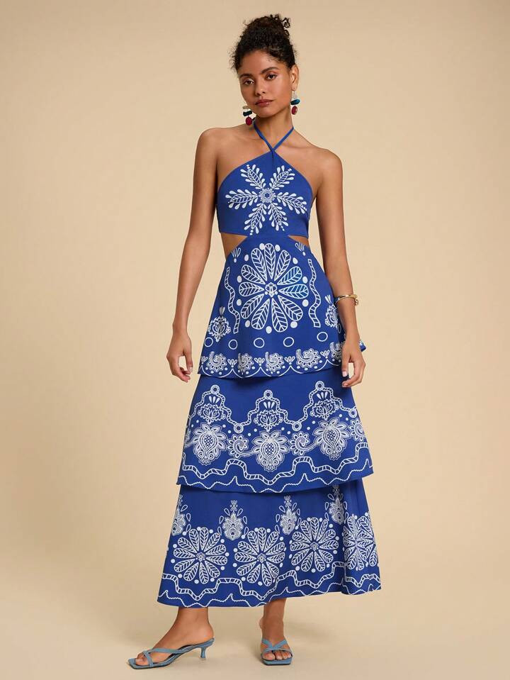 Travachic 1pc Women's Vacation Chiffon Blue Floral Print Backless Halter Dress,Summer Dresses For Women | SHEIN