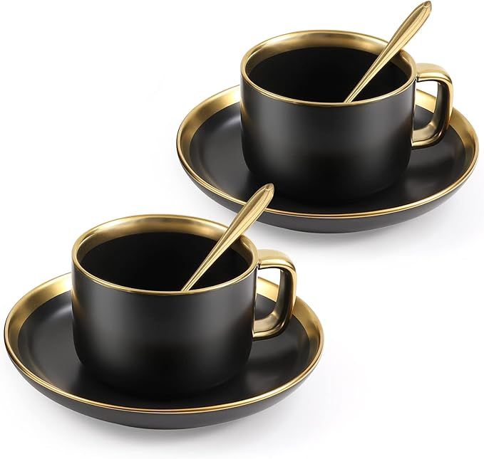 European style Luxury Gold rim Tea cup and saucer Set,8.5 Oz Ceramic Tea Cup Coffee Cup Set (Blac... | Amazon (US)