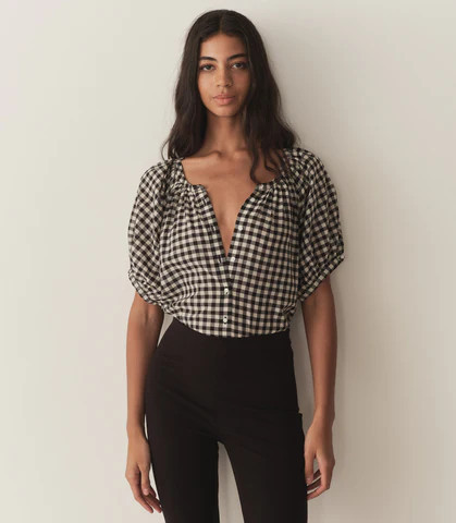D�?EN June Top -- Noir Greta Gingham - Size - Xxs Cotton Button Up Feminine Victorian | DOEN