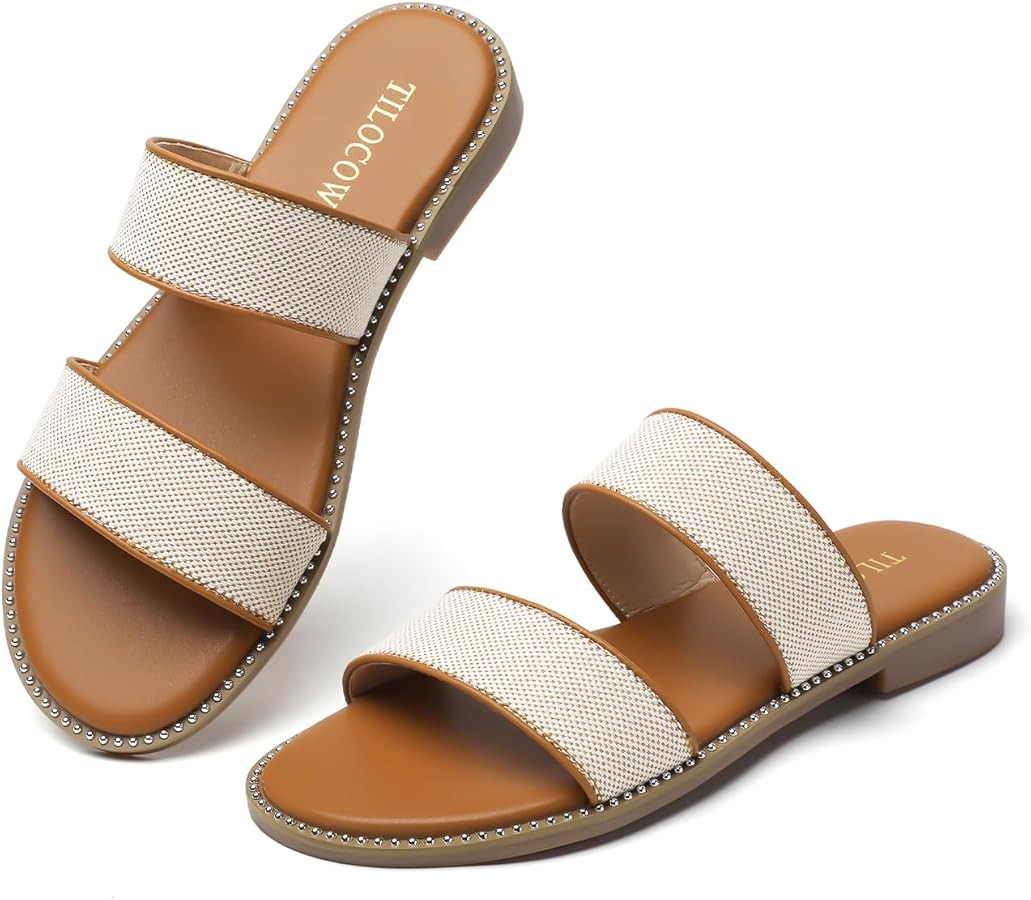 Tilocow Women's Flat Sandals with Rivets Inlaid Slip on Sandals Two Strap Casual Summer Slide Sho... | Amazon (US)