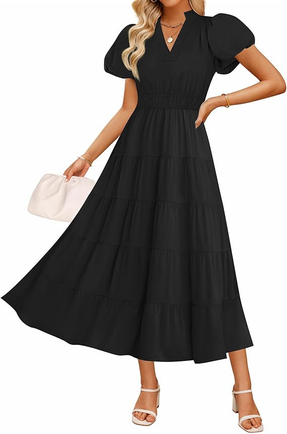 ZESICA Women's Summer Casual Maxi Dress 2026 Puff Short Sleeve V Neck Ruffle Tiered Flowy Boho Be... | Amazon (US)