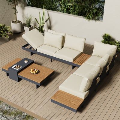 4 Pieces Modern L Shape Wood Sectional Outdoor Sofa Set with Coffee Table in Beige | Homary | Homary