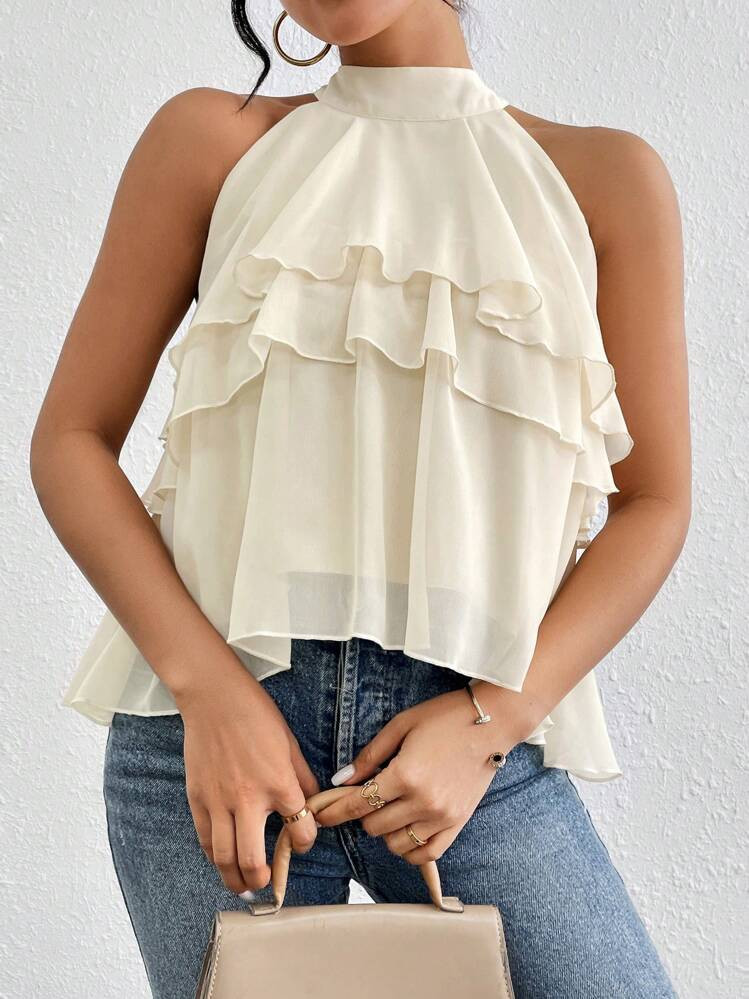 Firerie Halter Neck Ruffled Cake Chiffon Blouse | SHEIN