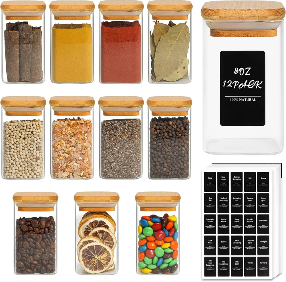 ComSaf 12 Pcs Glass Spice Jars with Bamboo Lids, 8oz/250ml Square Glass Storage Jars with 275 Bla... | Amazon (UK)