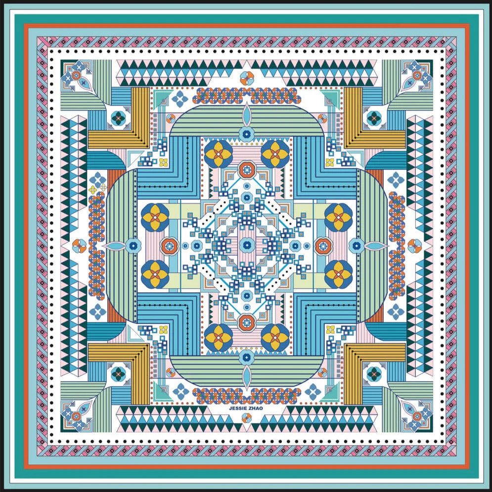 Silk Scarf Of Reconstruction With Shapes In Blue | Jessie Zhao New York