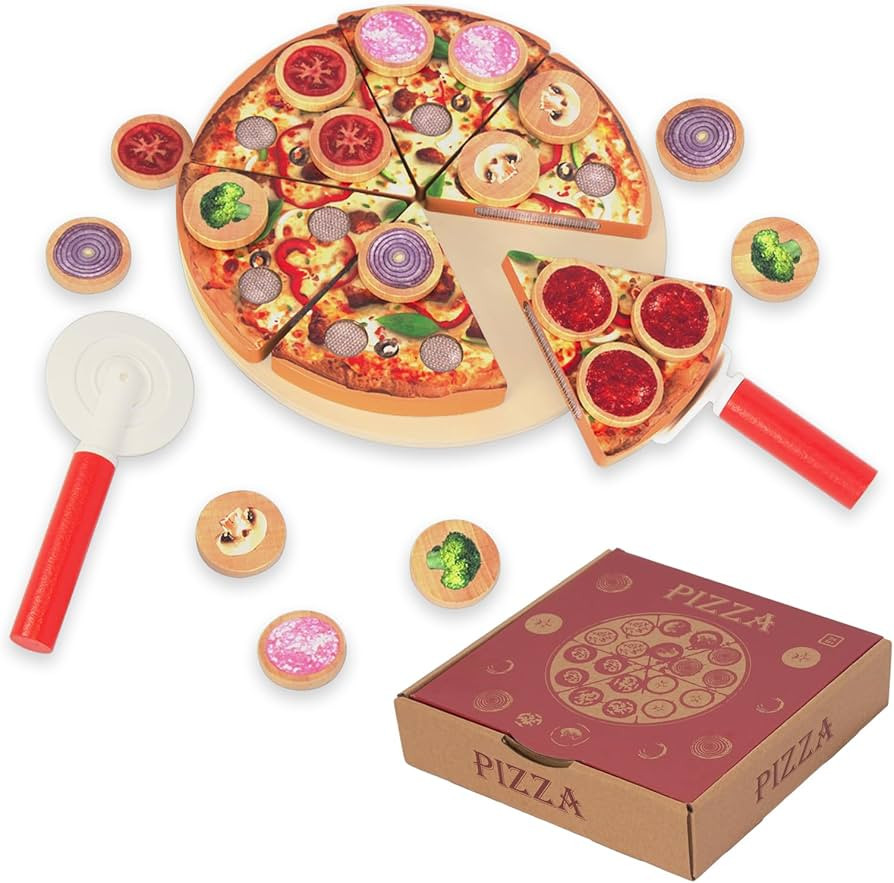 Cutting Play Food Toy for Kids Kitchen,Wooden Pizza Set Pretend Play Kitchen Accessories,Learning... | Amazon (US)