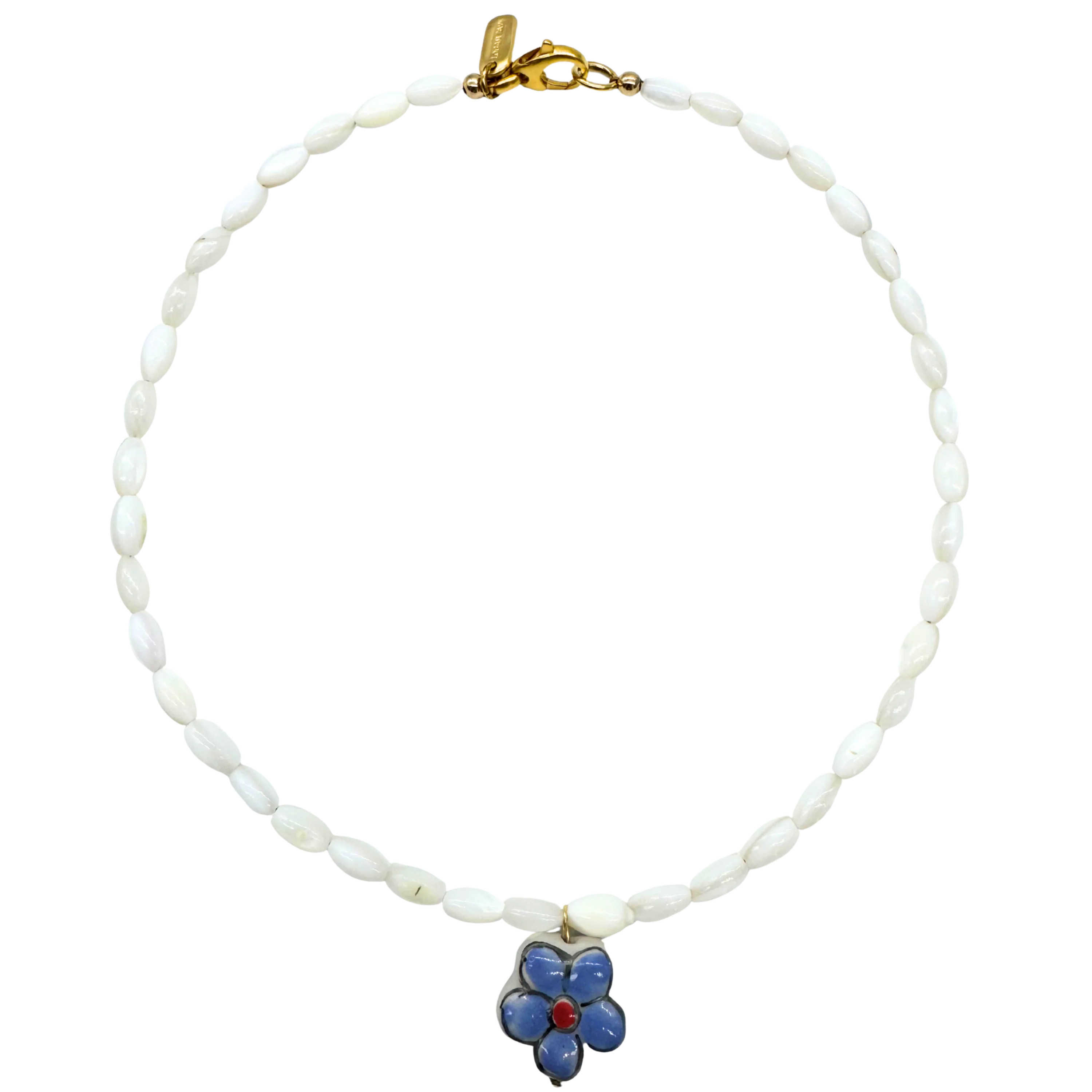 White Beaded Purple Flower Necklace | Logan Tay