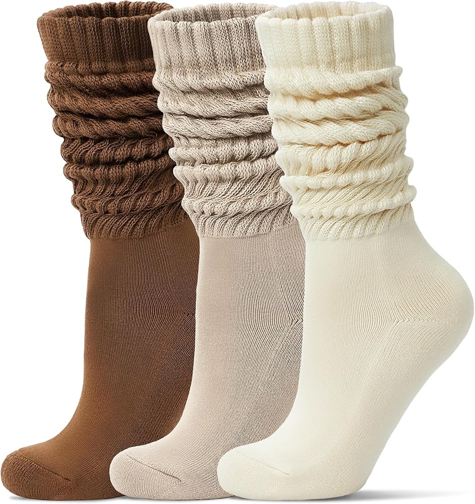 Women's Slouch Socks Long Boot Scrunch Sock Soft Cotton Knit Cozy Socks 3 Pairs | Amazon (US)
