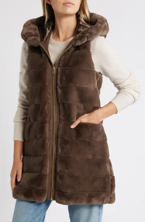 Via Spiga Quilted Faux Fur Hooded Vest in Taupe at Nordstrom, Size Small | Nordstrom