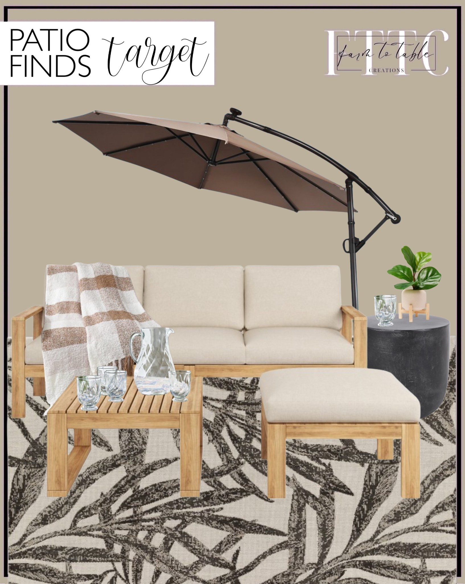 Target Patio Finds. Follow @farmtotablecreations on Instagram for more inspiration.

3 Piece Outdoor Slat Design Acacia Wood Upholstered Seating Set. Palm Indoor Outdoor Rug - Threshold. 
10FT Patio Offset Umbrella Solar. Kate Aurora Country Farmhouse Chic Ultra Soft Chenille Buffalo Check Plaid Throw Blanket. Beverage Pitcher. Fiddle Leaf Plant. 

Patio Furniture | Entryway Finds | Neutral Stems | Spring Stems | Bookshelf Decor | Bedroom Space | Cozy Corner | Bathroom | Curated Entryway | Spring  Decor | End of Year Clearance | Trending Decor | Viral Decor  | Coffee Table Decor | Neutral Decor | Stem Sale | Target Finds | Skinny Bench | Bedroom | Living Room | Breakfast Nook | Amazon Home | Target Sale | Loloi Rugs | Magnolia Home | console table | console table styling | faux stems | entryway space | front porch decor | neutral decor | entryway decor | cozy home | affordable decor |  home decor | home inspiration | console styling | entryway rug | cozy moody home | moody home decor | neutral home | bathroom decor | living room | spring decor | Hearth & Hand | Studio McGee | 2025 Home Trends | trending home |


#LTKSaleAlert #LTKHome #LTKFindsUnder50