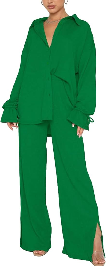 LYANER Women's 2 Piece Outfits Button Down Long Sleeve Shirt and Wide Leg Pants Set | Amazon (US)
