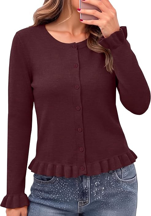 GRECERELLE Cardigan Sweaters for Women Long Sleeve Cropped Ruffle Button up | Amazon (US)