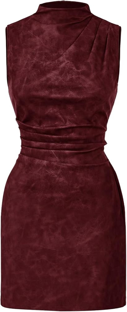 Women's PU Leather Ruched Bodycon Dresses Mock Neck Sleeveless Zipper Mini Tank Dress | Amazon (US)