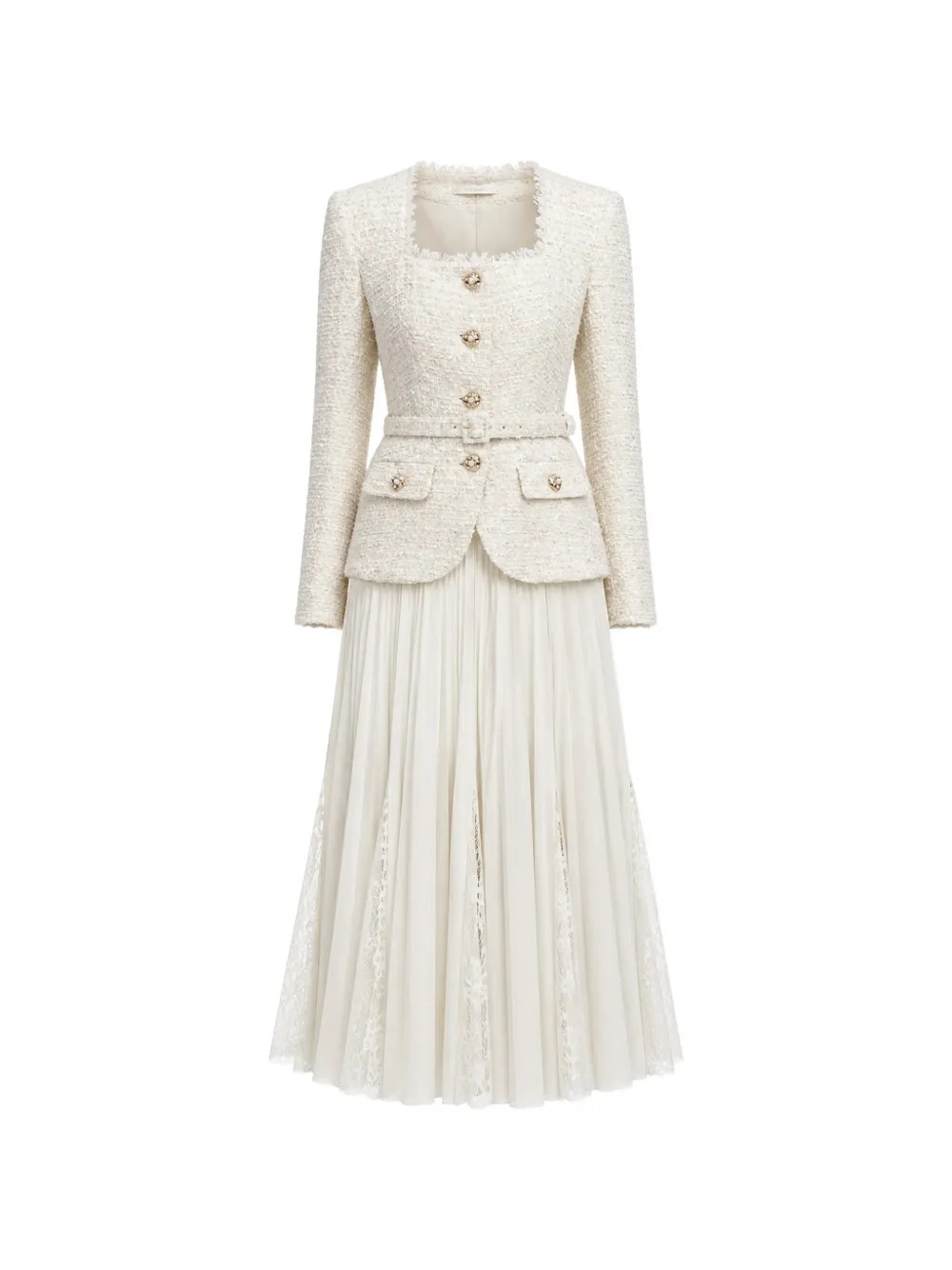 Self-Portrait cream tailored Boucle And Chiffon midi dress - Neutrals | Farfetch Global