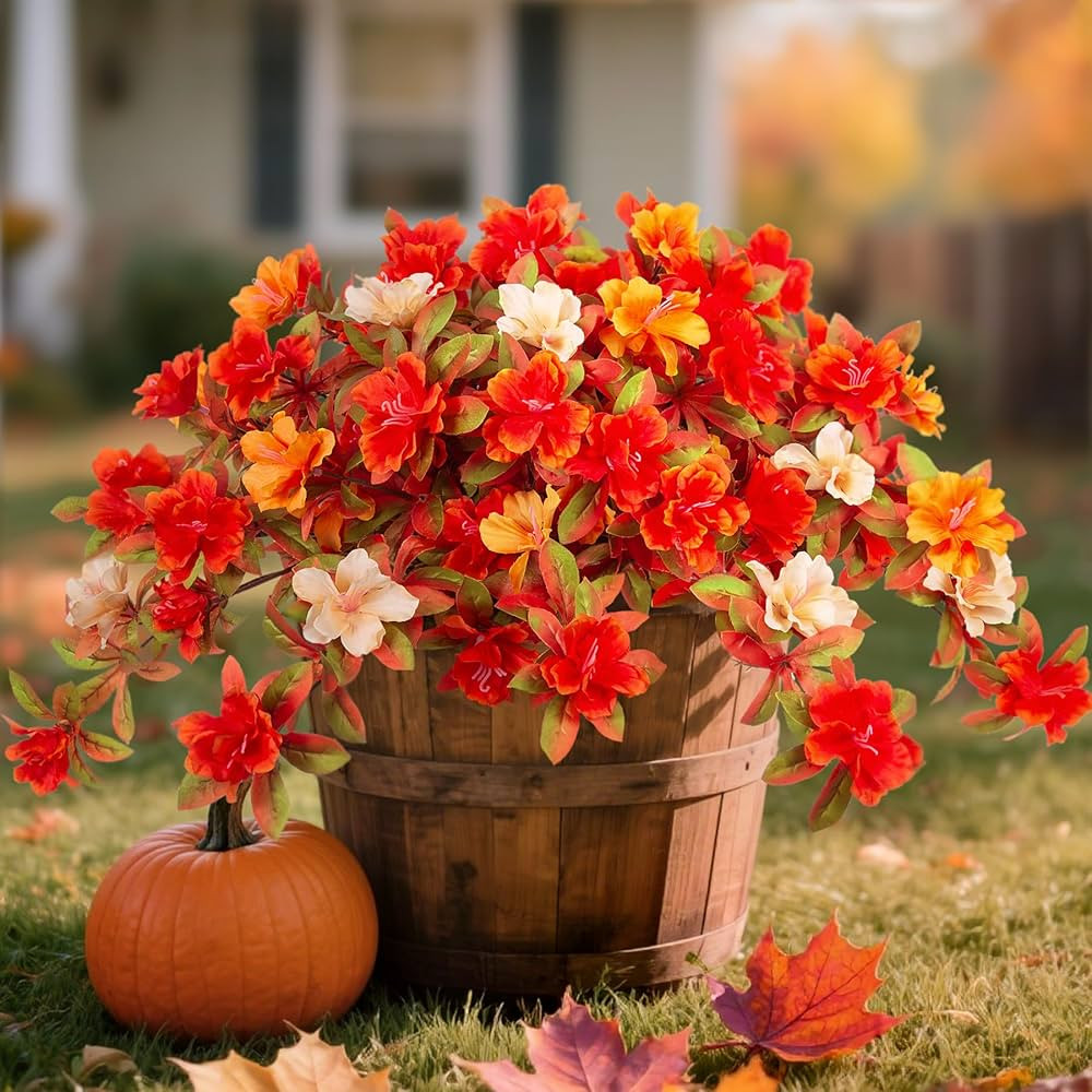 Fall Flowers Artificial for Decoration, Fake Silk Rhododendron Flowers for Outdoors, 2 Bundles Fa... | Amazon (US)