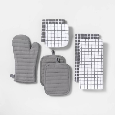 7pc Cotton Kitchen Textile Set Gray - Room Essentials™: Includes Towels, Pot Holders, Oven Mitts, Dish Cloths | Target