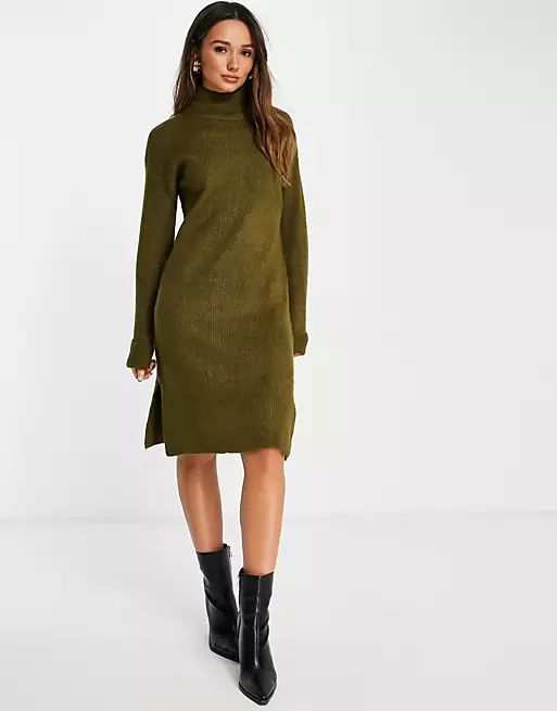 Vero Moda high neck jumper dress with side splits in dark green | ASOS (Global)