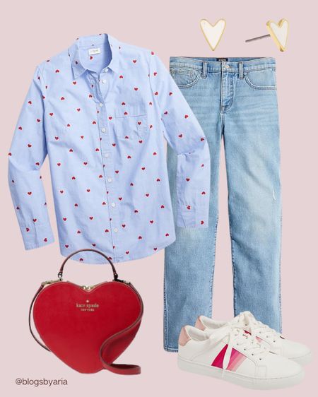 Valentines outfit inspo ♥️ blue shirt with hearts, vintage jeans, pink striped sneakers, heart handbag, heart stud earrings 

#LTKSeasonal #LTKstyletip #LTKFind