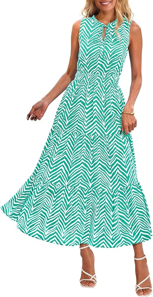 PRETTYGARDEN Womens Summer Dresses 2025 Sleeveless Drawstring V Neck Maxi Dress Flowy Casual Long... | Amazon (US)