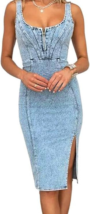 utcoco Denim Dress for Women Sleeveless Side Slit Bodycon Midi Jean Dresses for Women 2025 | Amazon (US)
